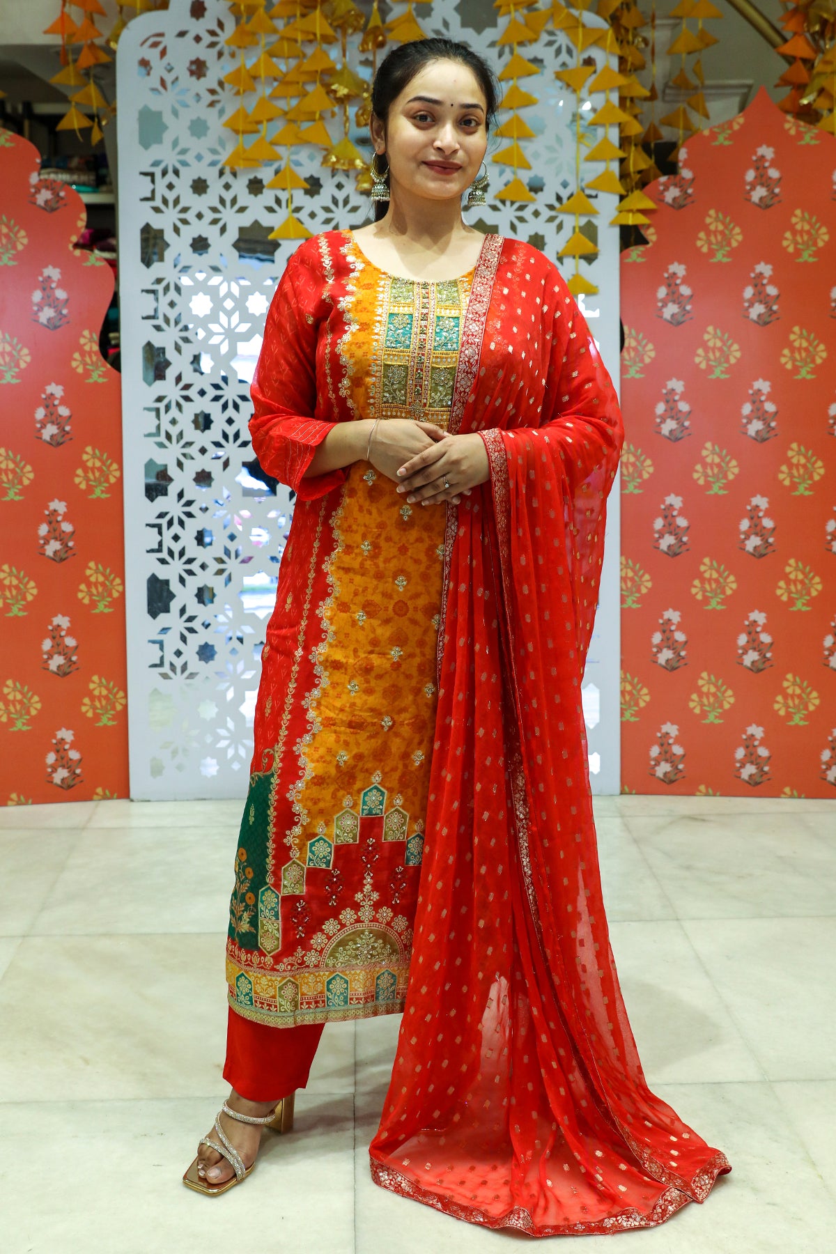 Red Organza Silk Embroidered Suit Set