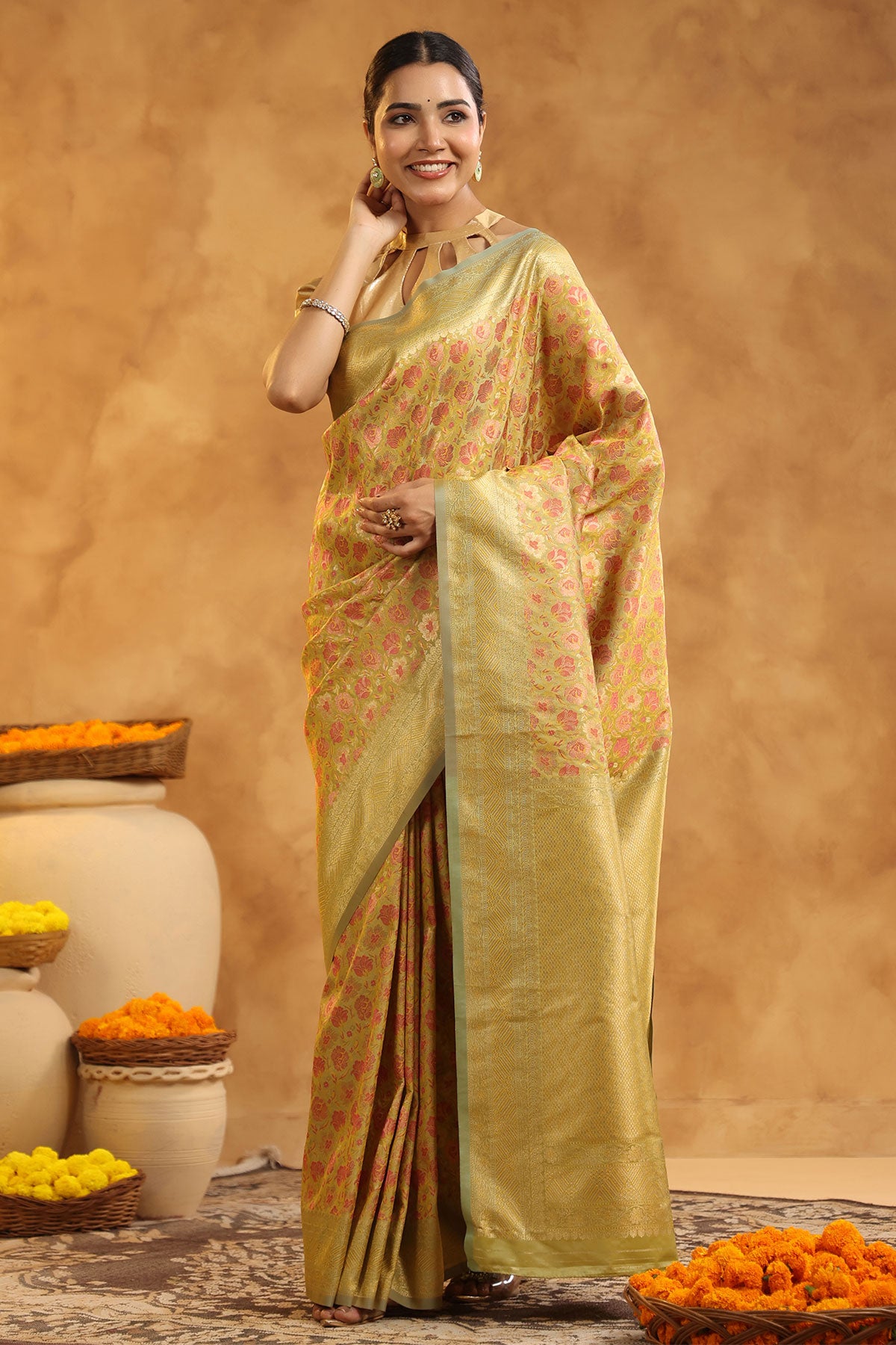 Mehandi Green Floral Motif Zari Woven Silk Saree