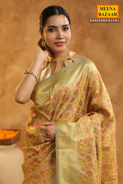 Mehandi Green Floral Motif Zari Woven Silk Saree