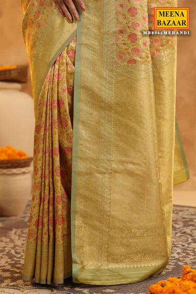 Mehandi Green Floral Motif Zari Woven Silk Saree