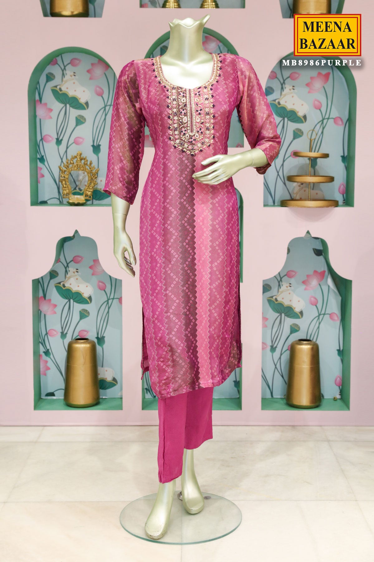 Purple Shimmer Chinon Floral Thread Embroidered Neckline Suit