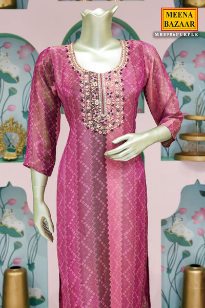 Purple Shimmer Chinon Floral Thread Embroidered Neckline Suit