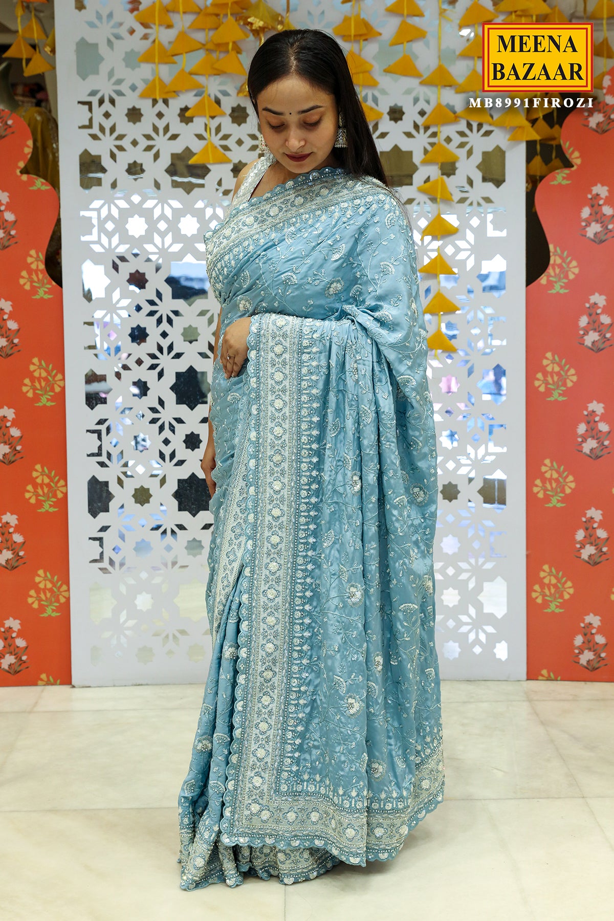 Light Blue Resham Thread, Sequin Embroidered Crepe Saree