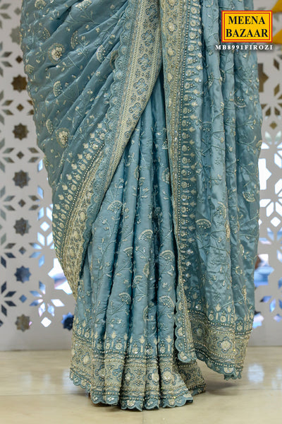 Light Blue Resham Thread, Sequin Embroidered Crepe Saree