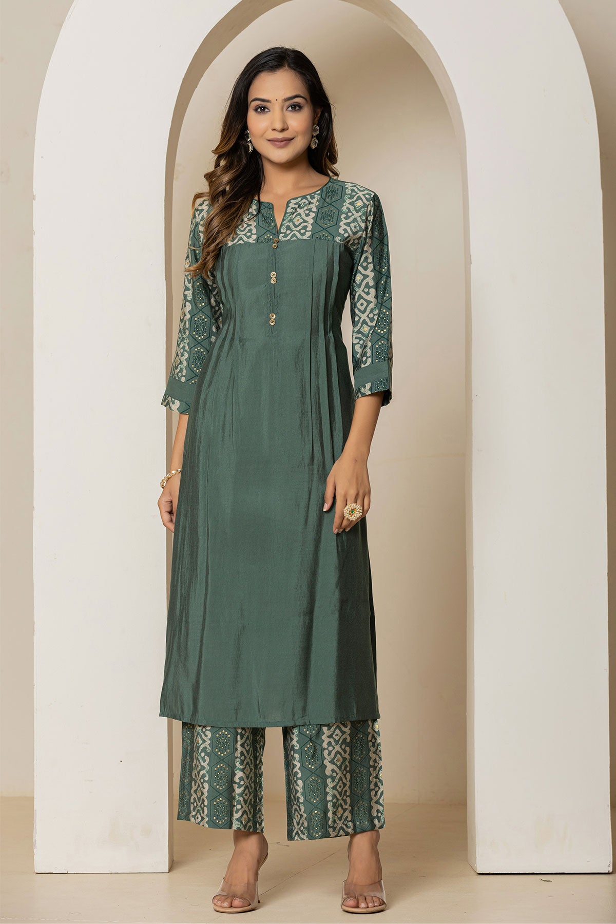 Green  Solid Ethnic Printed Straight Fit Kurti With Pant