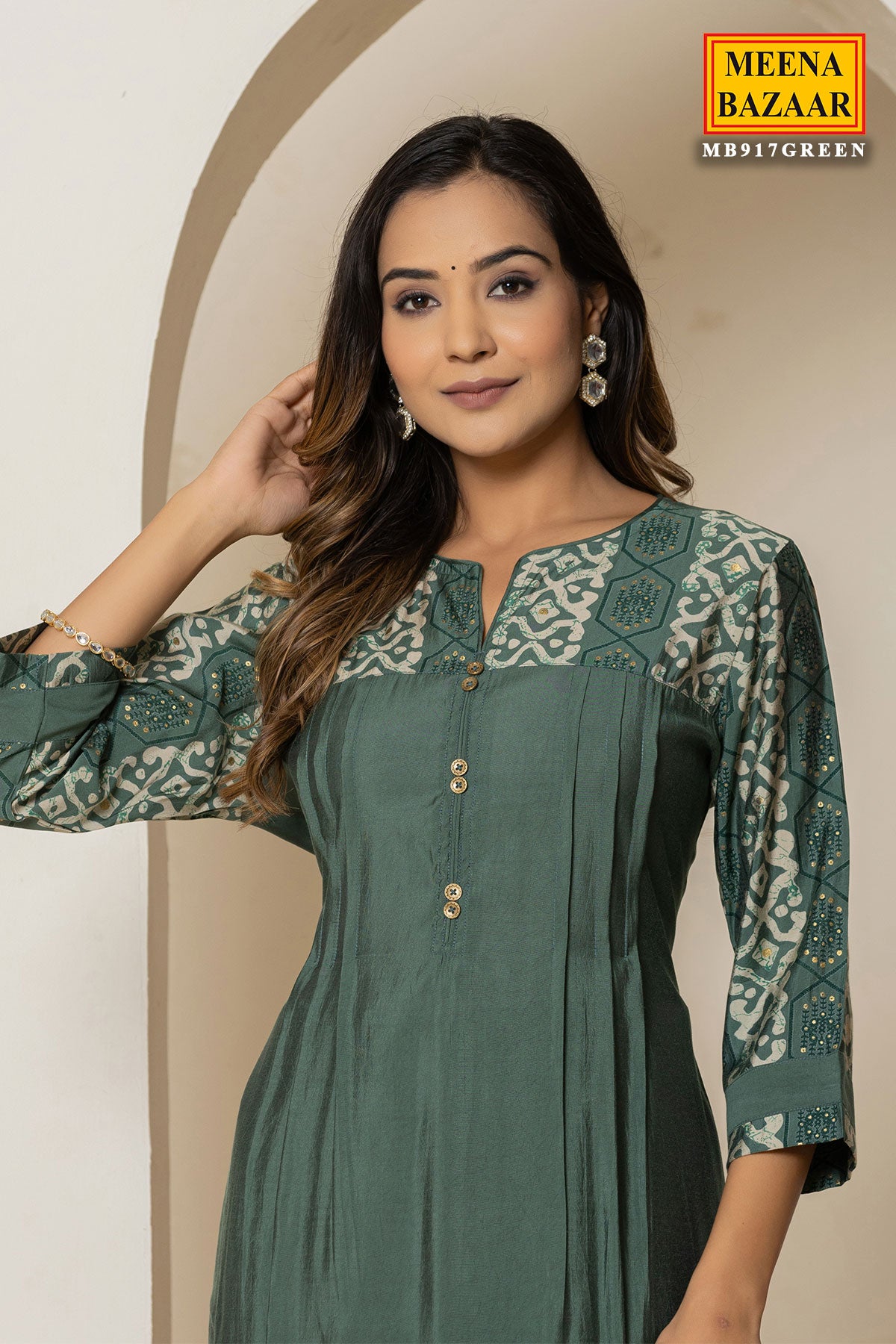 Green  Solid Ethnic Printed Straight Fit Kurti With Pant