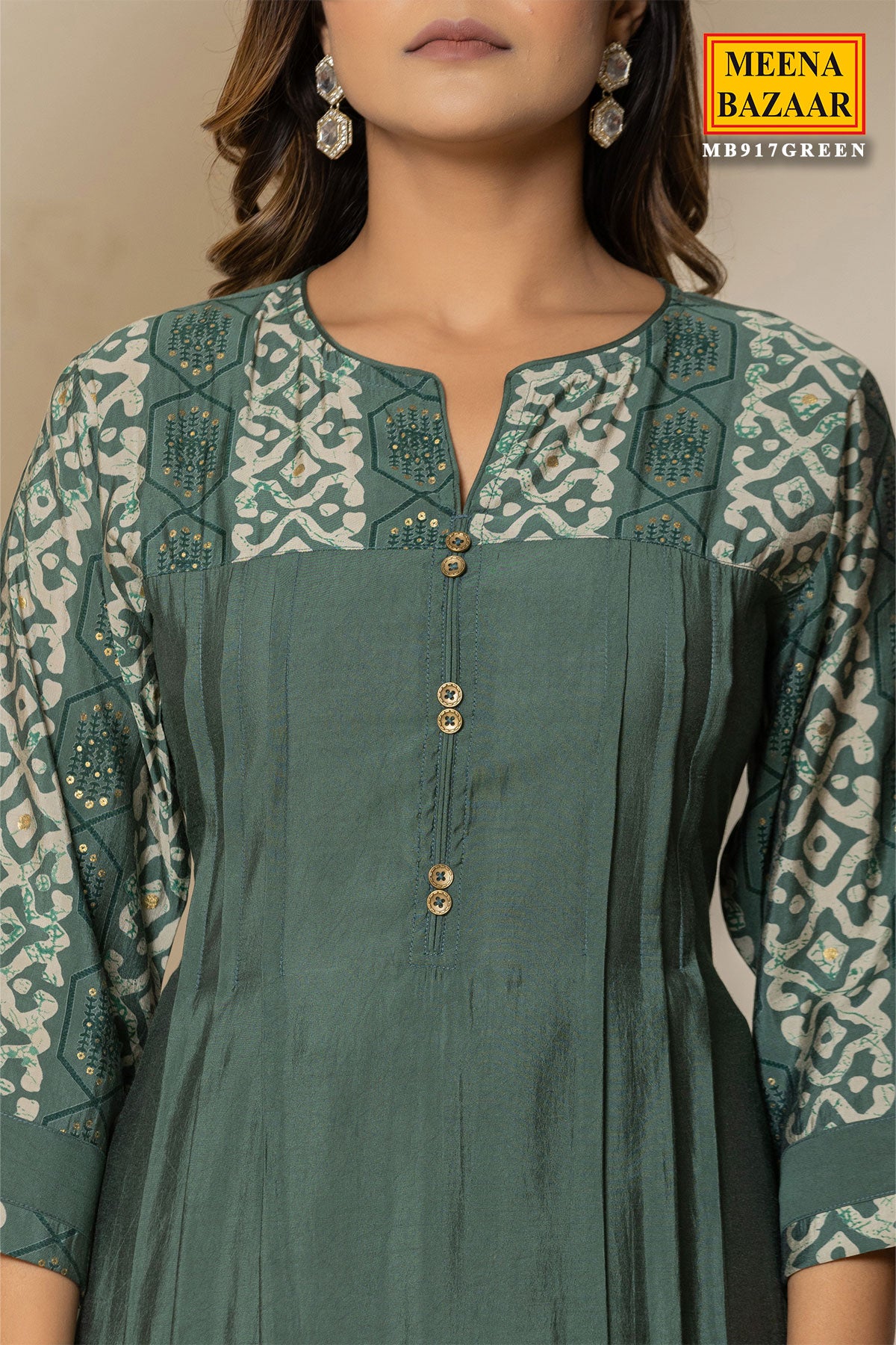 Green  Solid Ethnic Printed Straight Fit Kurti With Pant