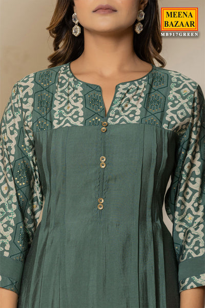 Green  Solid Ethnic Printed Straight Fit Kurti With Pant