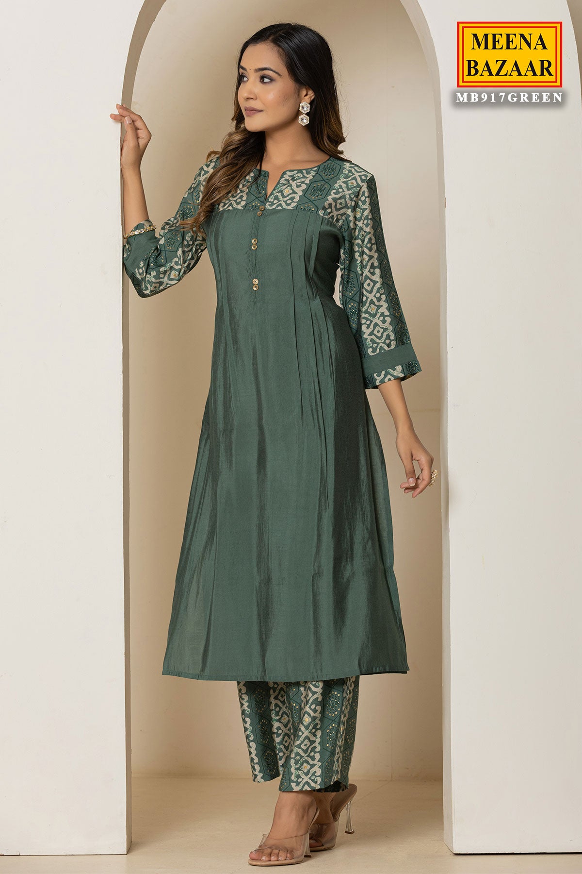 Green  Solid Ethnic Printed Straight Fit Kurti With Pant