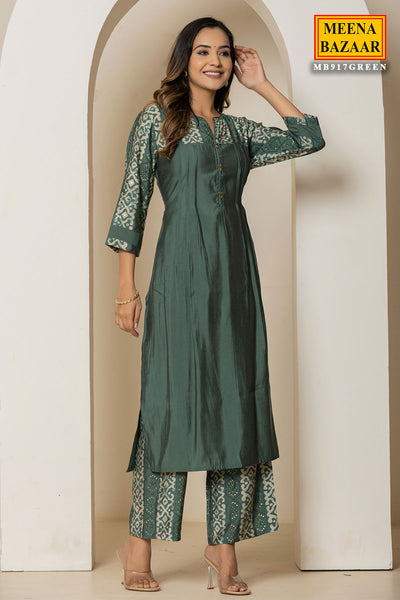 Green  Solid Ethnic Printed Straight Fit Kurti With Pant