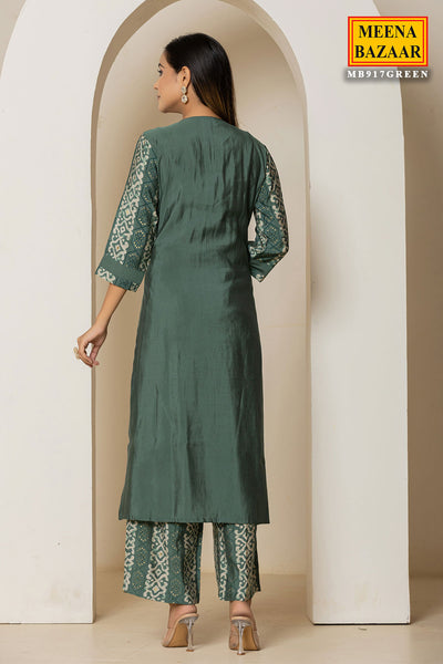 Green  Solid Ethnic Printed Straight Fit Kurti With Pant