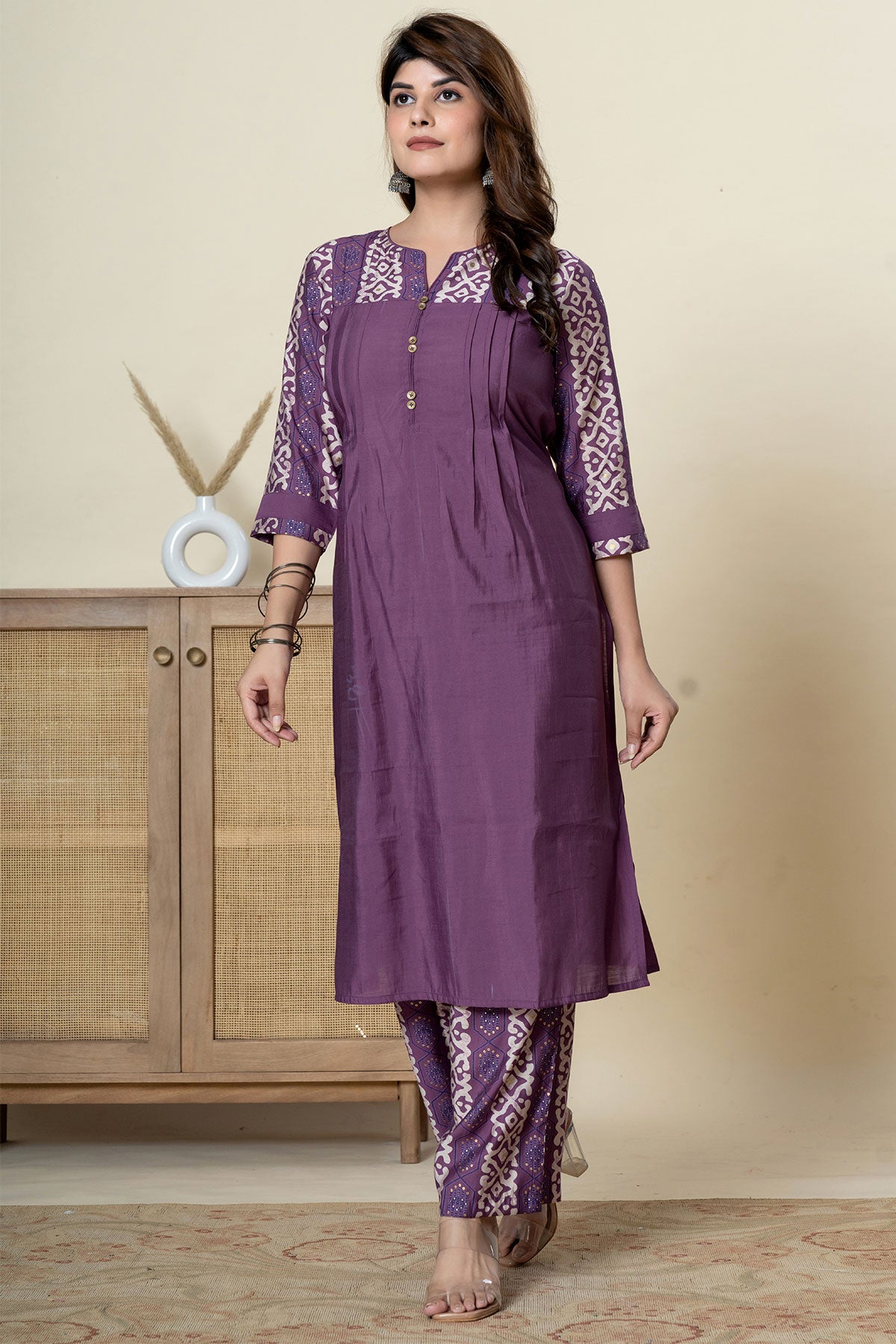 Mauve Solid Ethnic Printed Straight Fit Kurti With Pant