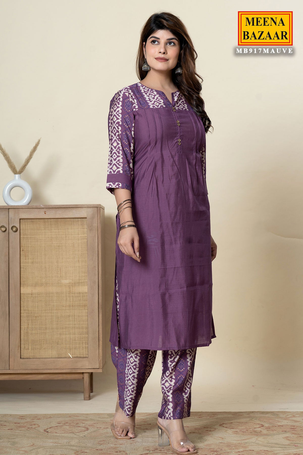 Mauve Solid Ethnic Printed Straight Fit Kurti With Pant