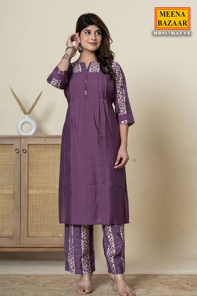 Mauve Solid Ethnic Printed Straight Fit Kurti With Pant