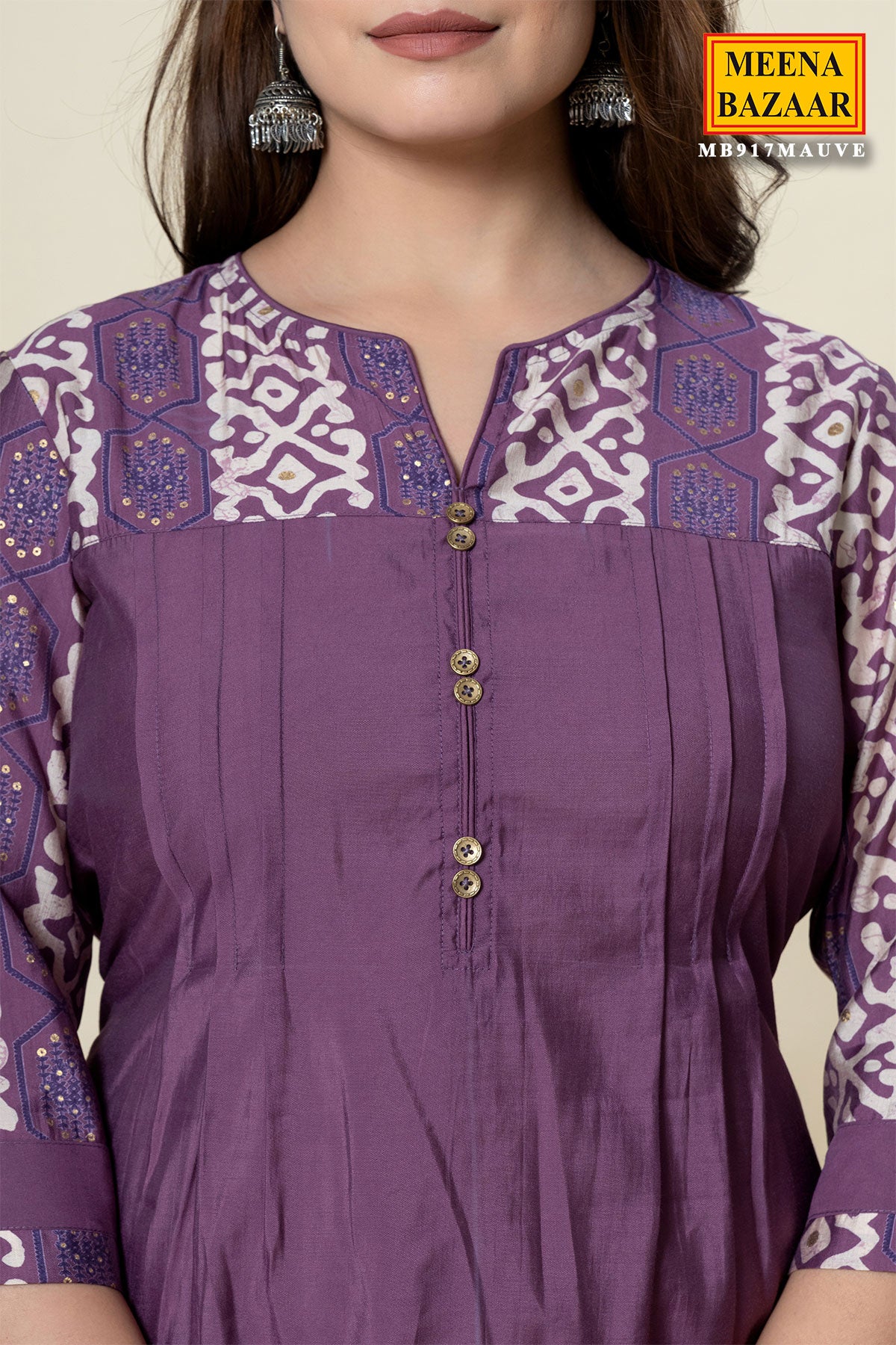 Mauve Solid Ethnic Printed Straight Fit Kurti With Pant