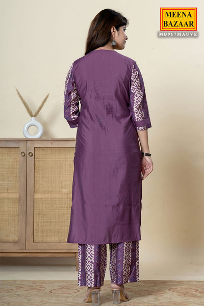 Mauve Solid Ethnic Printed Straight Fit Kurti With Pant