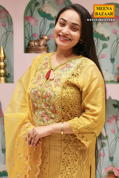 Mustard Silk Embroidered Suit with Cutdana, Zari Thread Embroidered Neckline