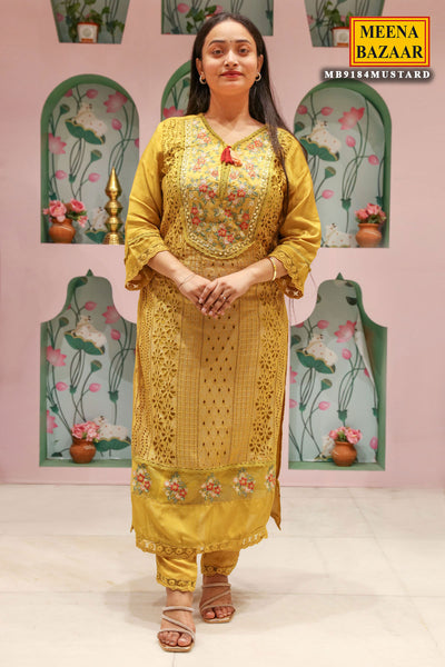 Mustard Silk Embroidered Suit with Cutdana, Zari Thread Embroidered Neckline