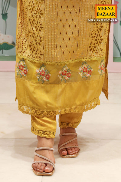 Mustard Silk Embroidered Suit with Cutdana, Zari Thread Embroidered Neckline