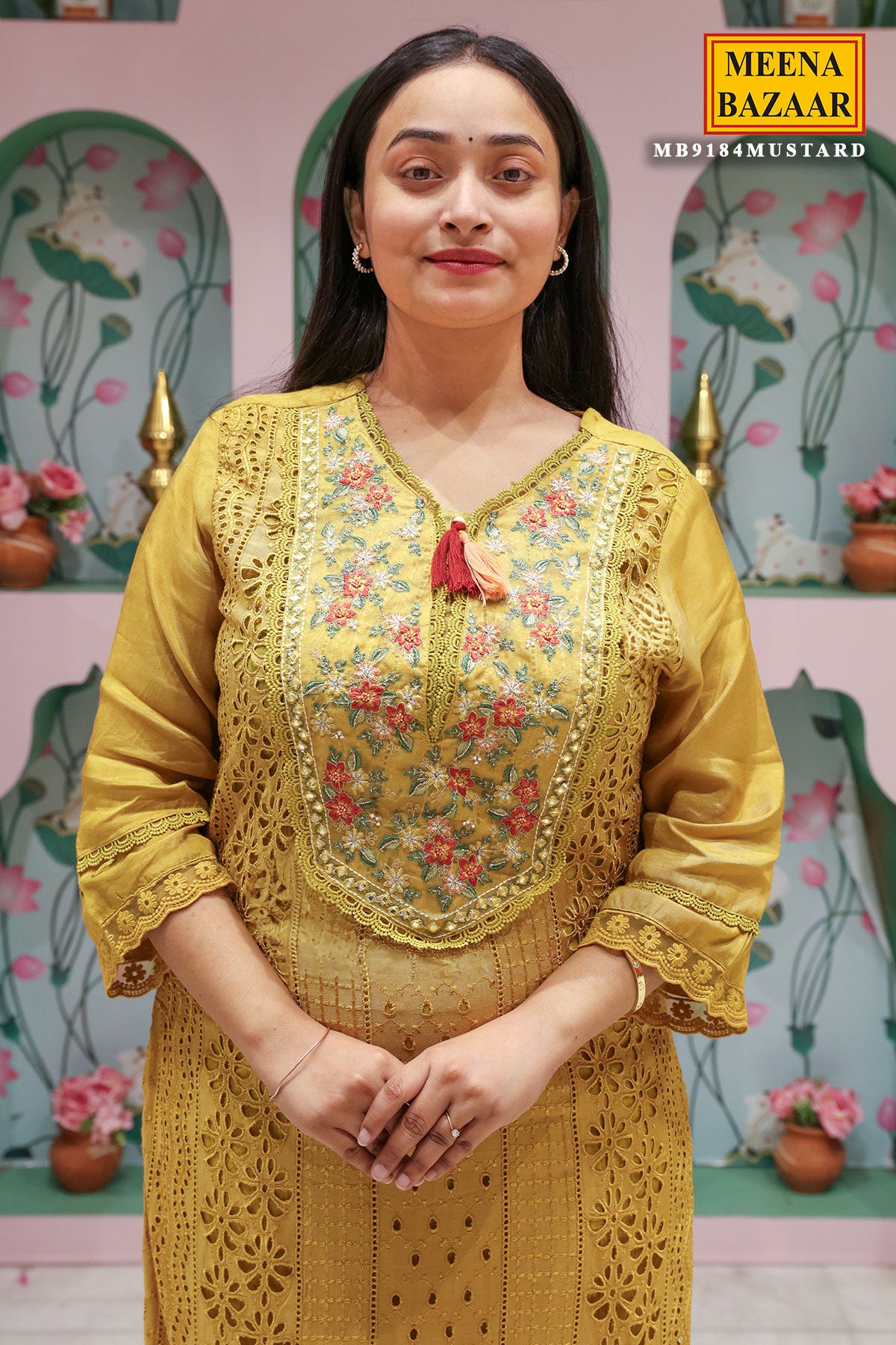 Mustard Silk Embroidered Suit with Cutdana, Zari Thread Embroidered Neckline