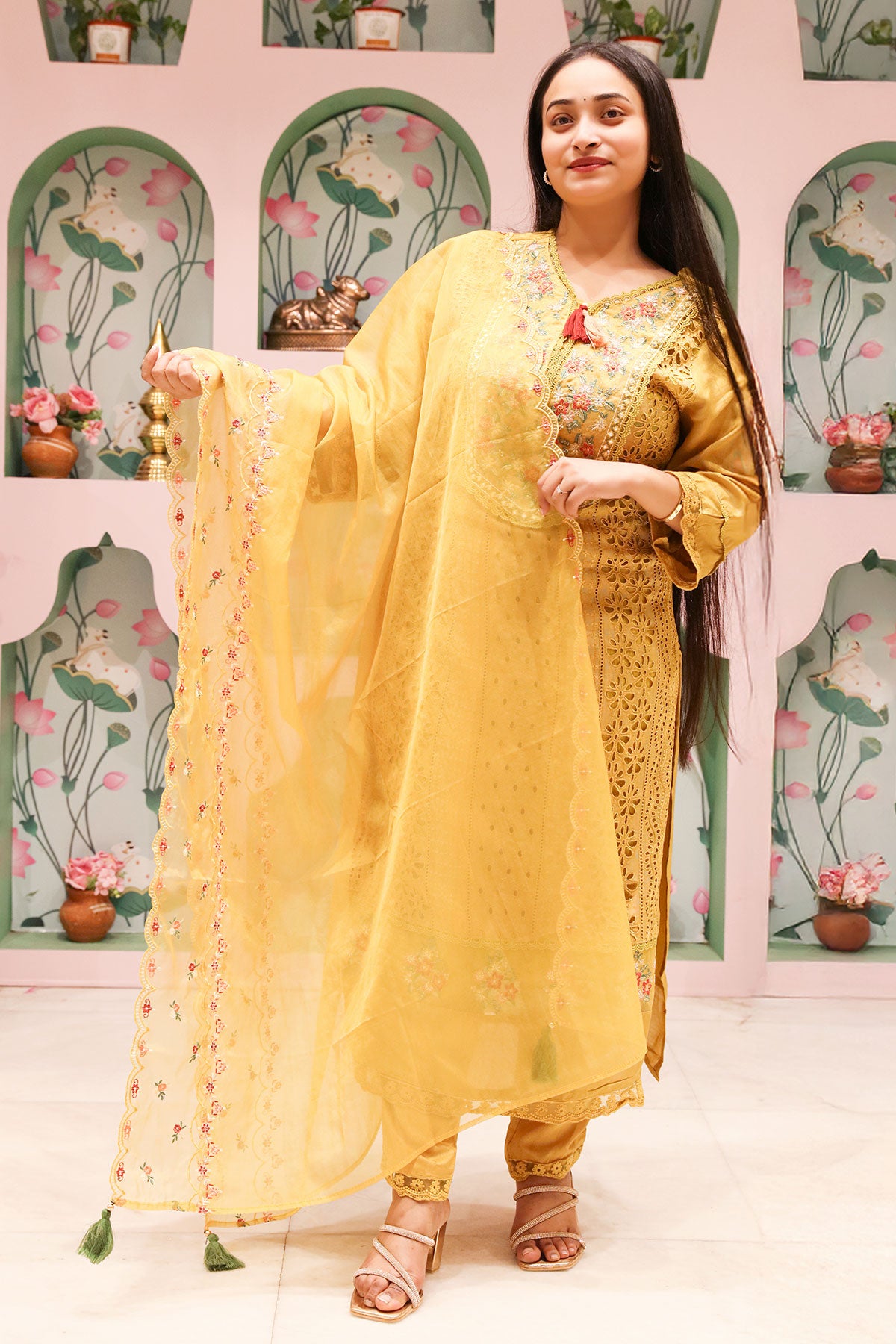 Mustard Silk Embroidered Suit with Cutdana, Zari Thread Embroidered Neckline