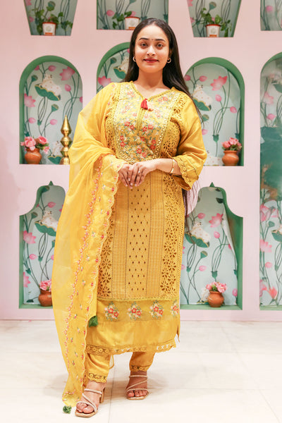 Mustard Silk Embroidered Suit with Cutdana, Zari Thread Embroidered Neckline