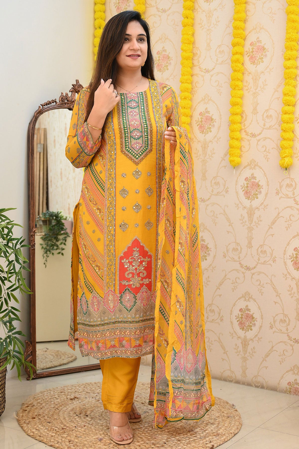 Mustard Organza Embroidered Suit and Pants Set