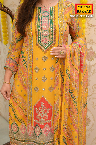 Mustard Organza Embroidered Suit and Pants Set