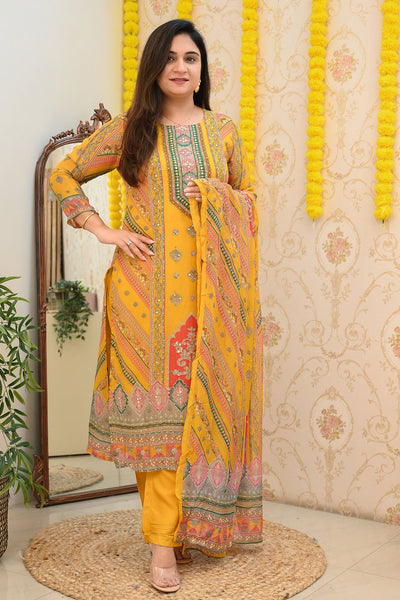 Mustard Organza Embroidered Suit and Pants Set