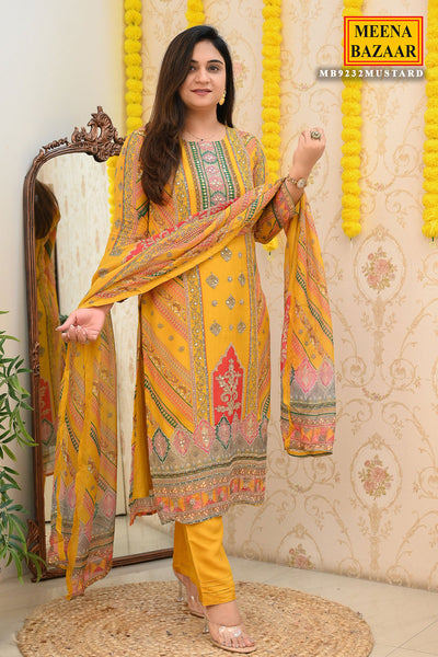 Mustard Organza Embroidered Suit and Pants Set