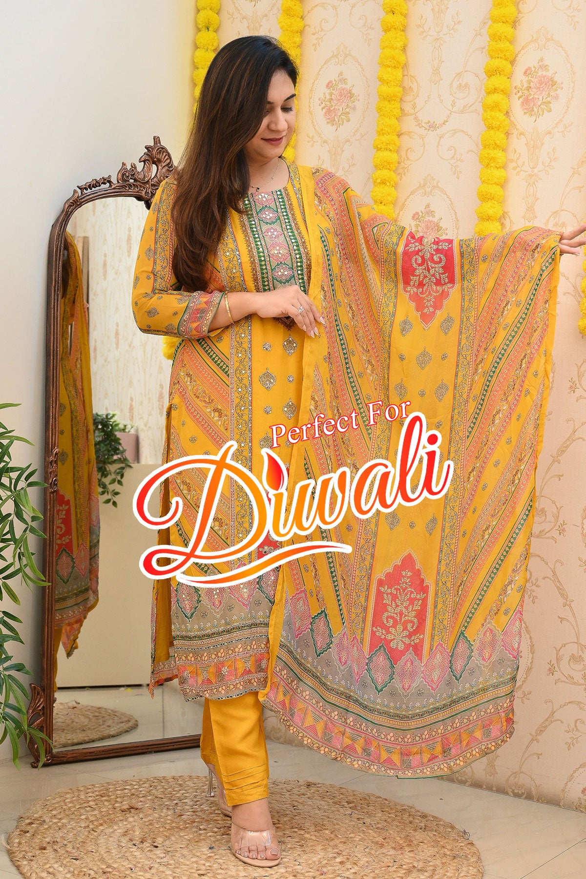 Mustard Organza Embroidered Suit and Pants Set