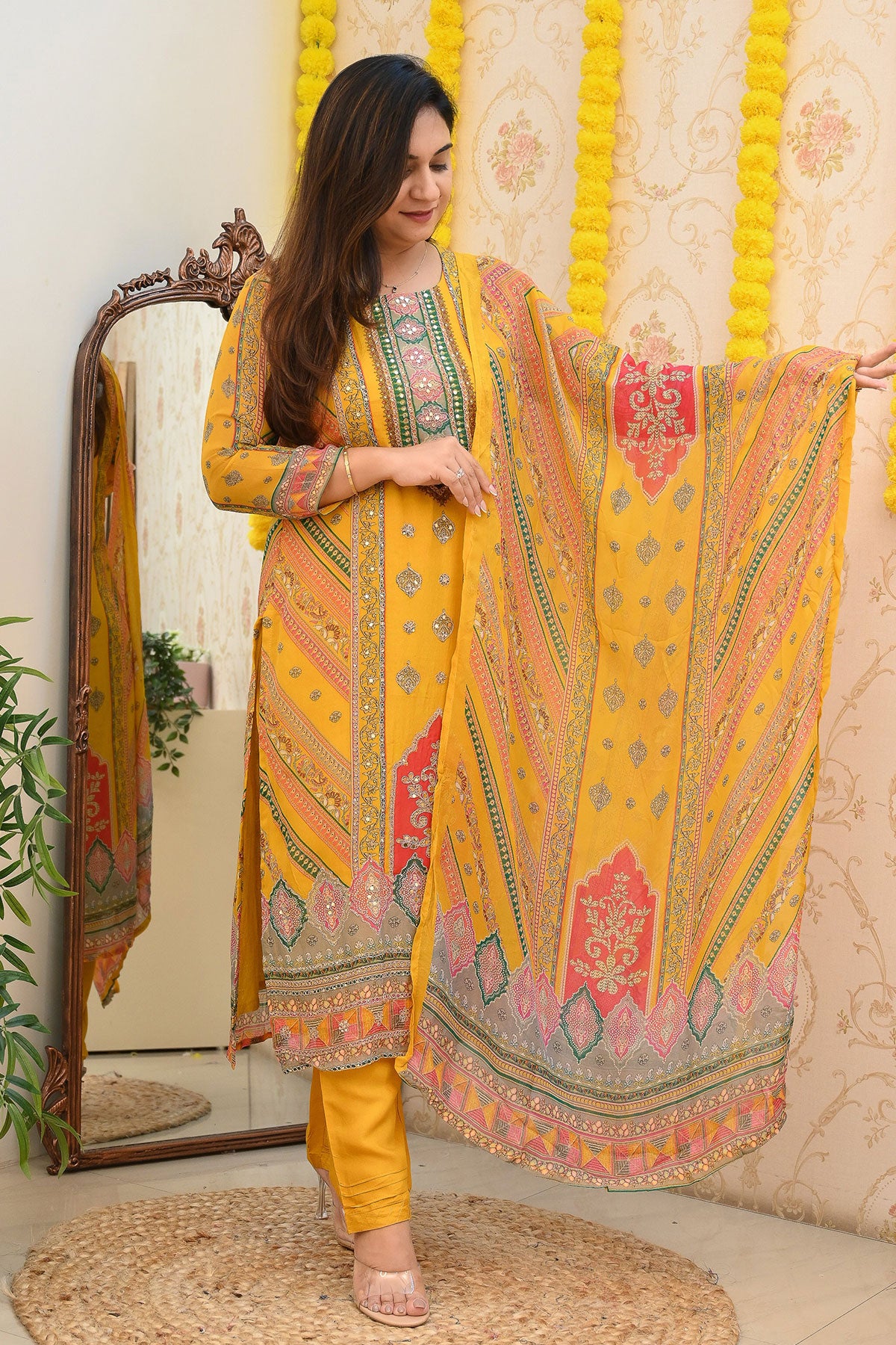 Mustard Organza Embroidered Suit and Pants Set