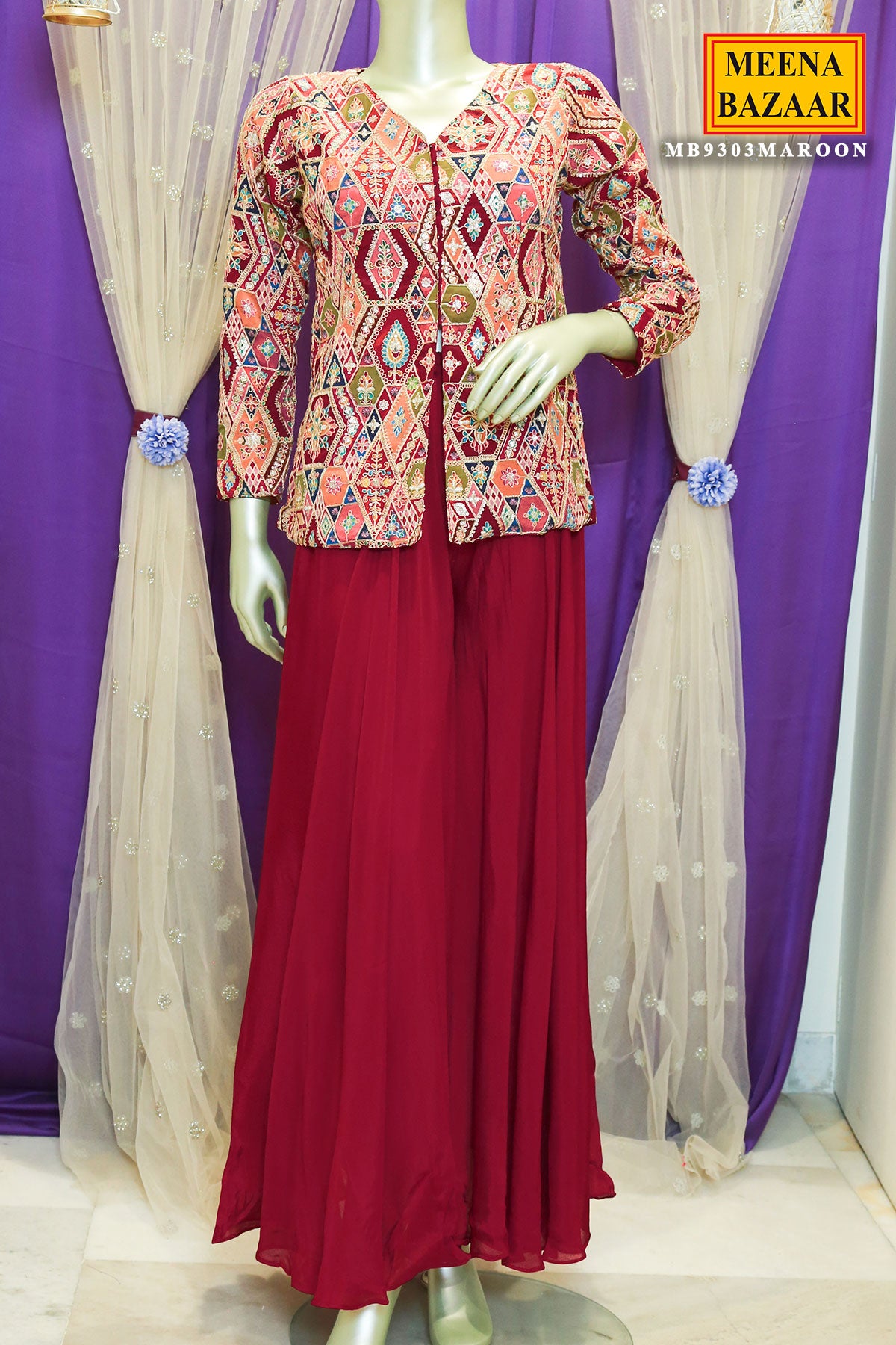 Maroon Chinon Zari and Sequins Embroidered Sharara Suit Set