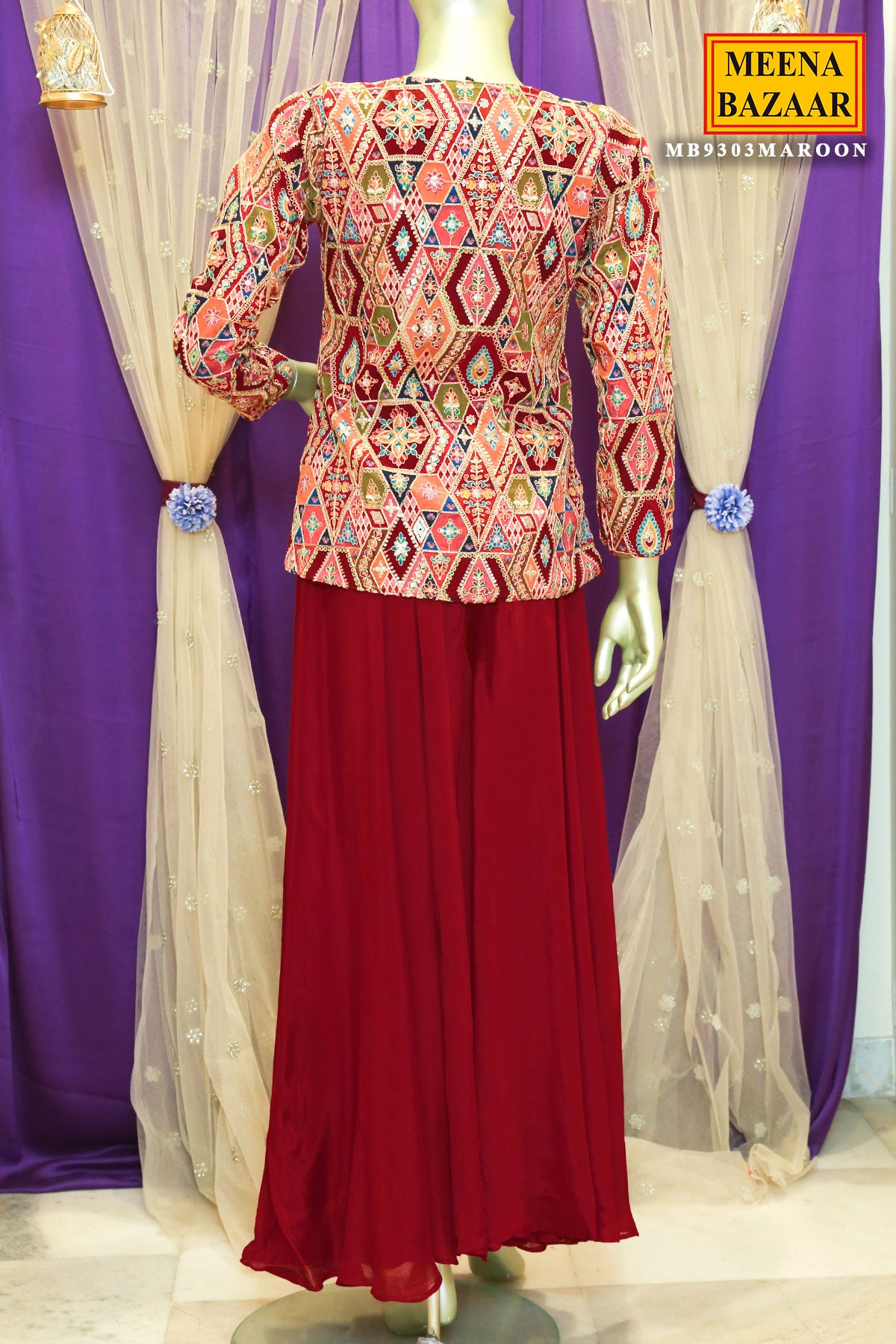 Maroon Chinon Zari and Sequins Embroidered Sharara Suit Set