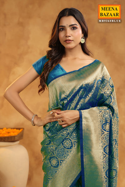 Blue Banarasi Silk Floral Zari Weaving Saree