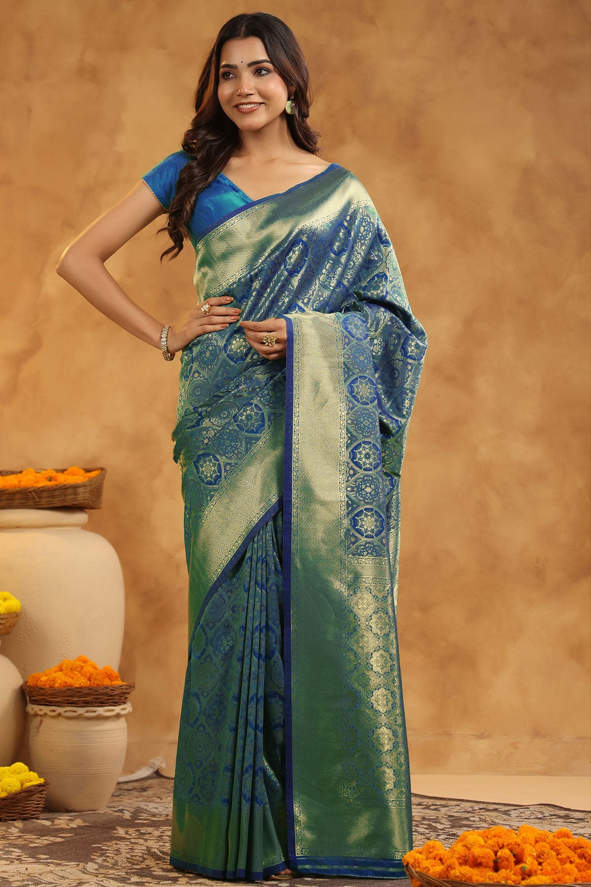 Blue Banarasi Silk Floral Zari Weaving Saree