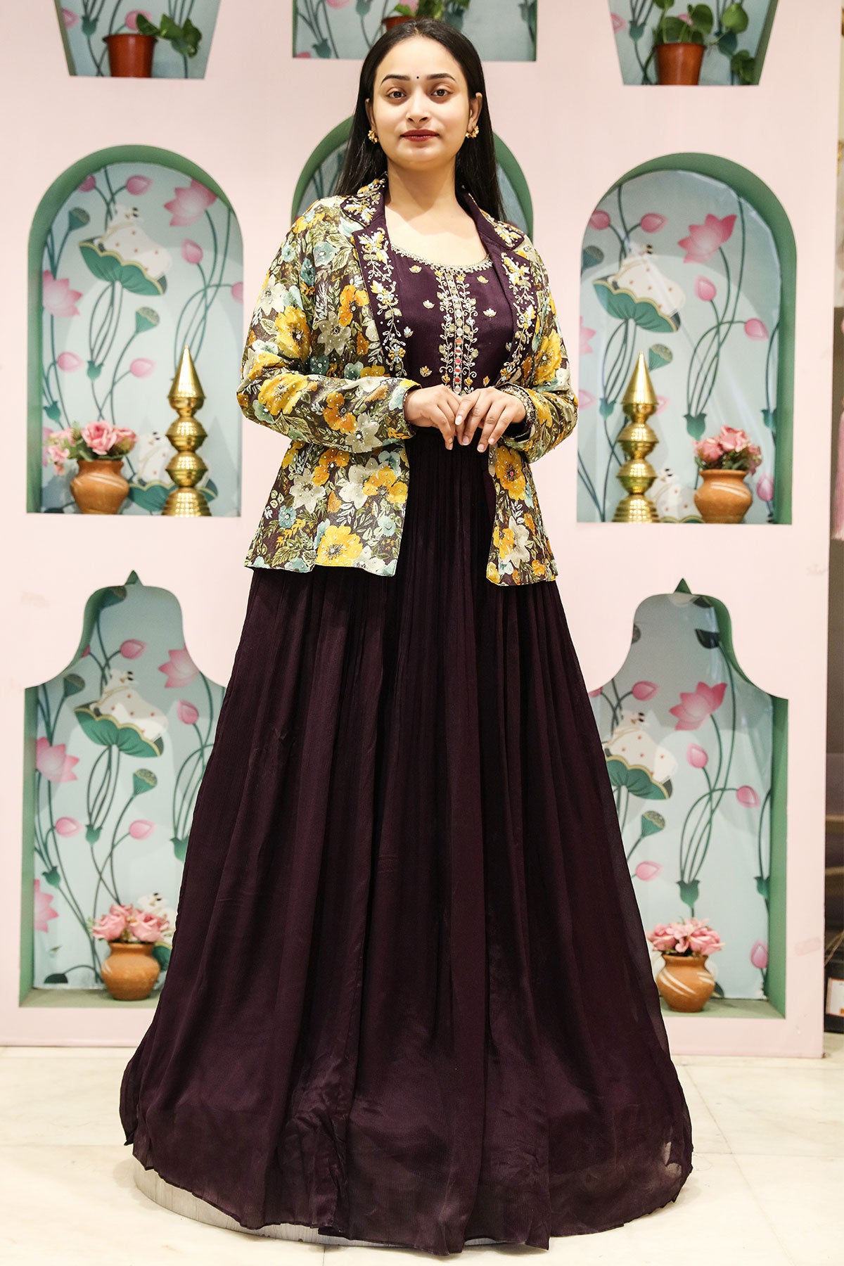 Wine Chinon Mirror & Cut-dana Embroidered Gown WIth Jacket