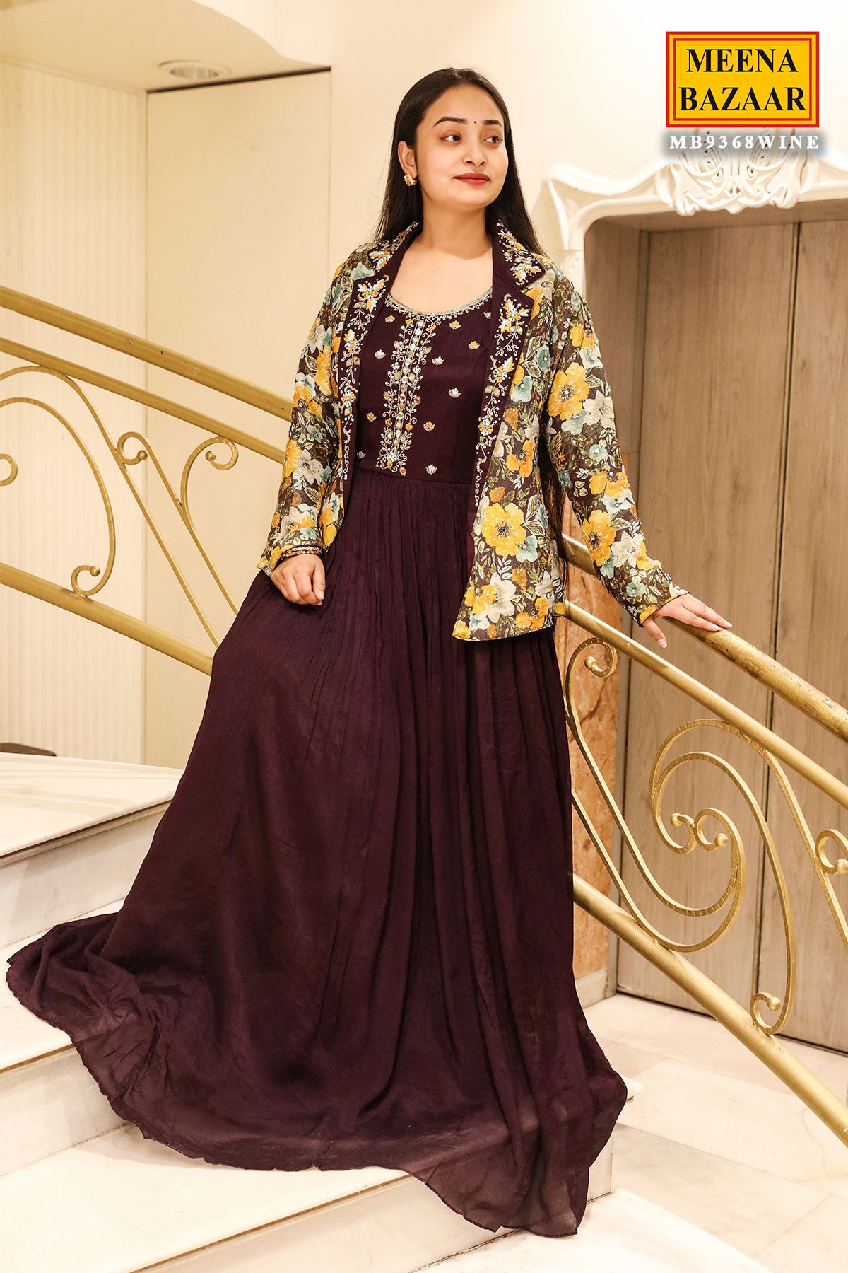 Wine Chinon Mirror & Cut-dana Embroidered Gown WIth Jacket