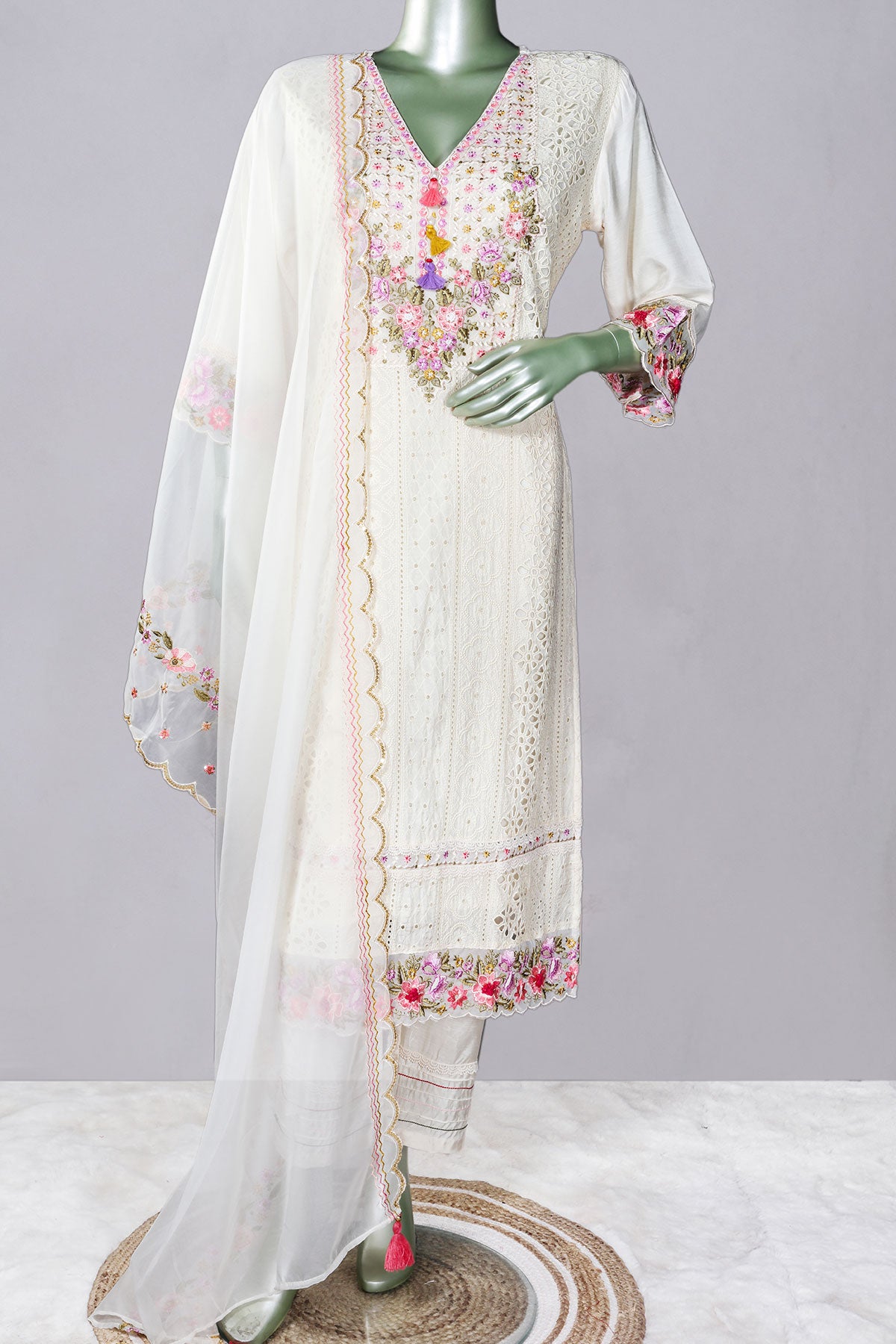 Cream Cotton Floral Schiffli Embroidered Suit Set