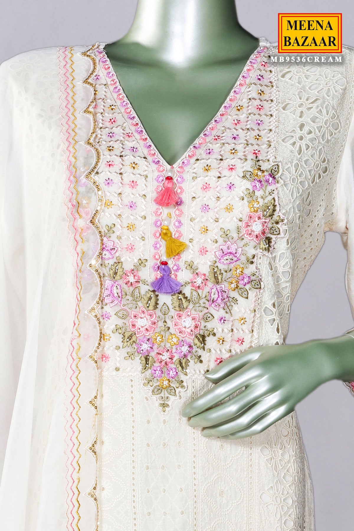 Cream Cotton Floral Schiffli Embroidered Suit Set
