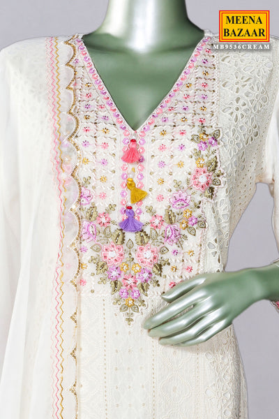 Cream Cotton Floral Schiffli Embroidered Suit Set
