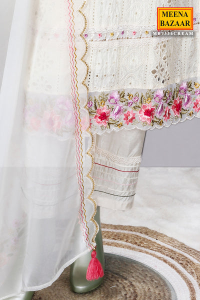 Cream Cotton Floral Schiffli Embroidered Suit Set