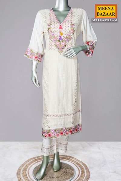 Cream Cotton Floral Schiffli Embroidered Suit Set
