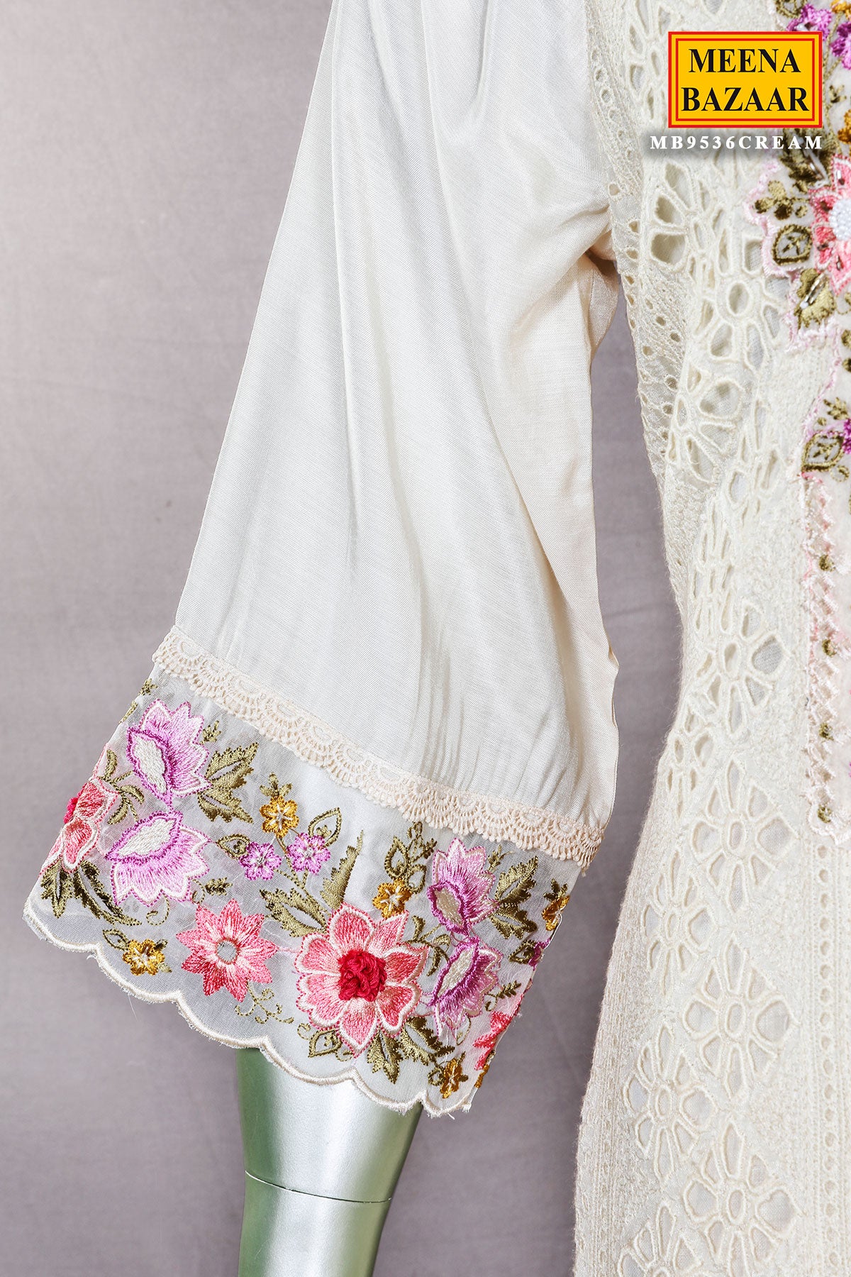 Cream Cotton Floral Schiffli Embroidered Suit Set
