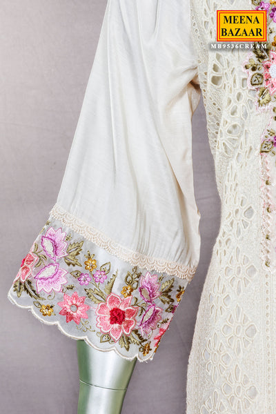 Cream Cotton Floral Schiffli Embroidered Suit Set