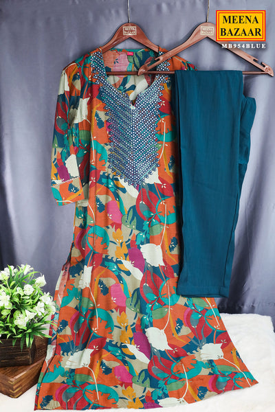 Teal Blue Muslin Floral Printed Kurti Pant Set