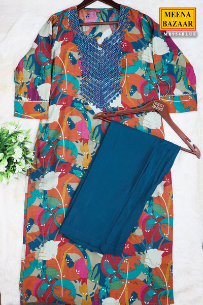 Teal Blue Muslin Floral Printed Kurti Pant Set