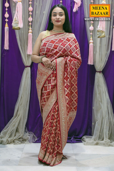 Maroon Georgette Bandhani Printed Swarovski Embellished Saree