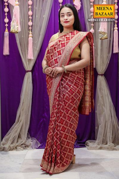 Maroon Georgette Bandhani Printed Swarovski Embellished Saree