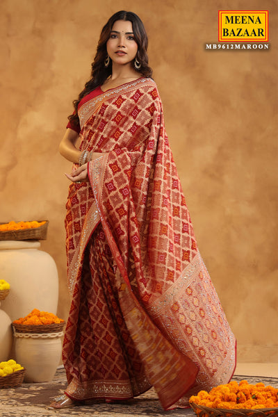 Maroon Khaddi Georgette Bandhani Printed Swarovski Embellished Saree